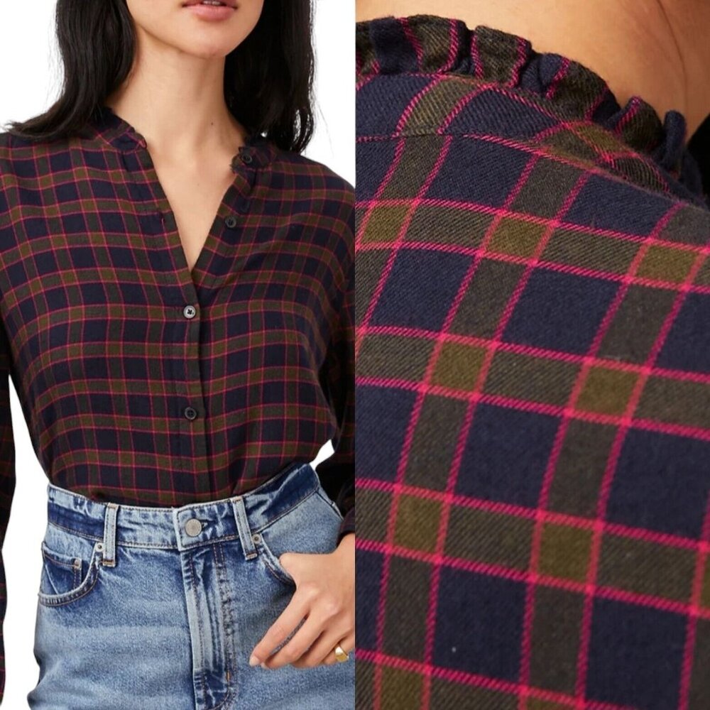 Rails Large Shirt Andi Navy Fuschia Plaid Button Down Flannel Ruffle‎ Collar